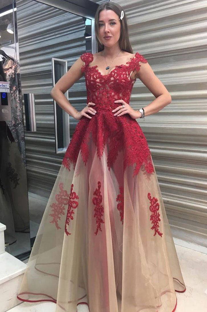Unique A-line tulle lace long prom dress red lace formal dress - RongMoon