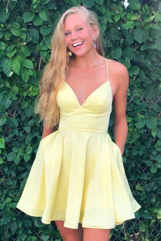 Simple yellow v neck satin short prom dress yellow homecoming dress - RongMoon