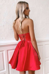 Simple sweetheart red satin short prom dress red homecoming dress - RongMoon