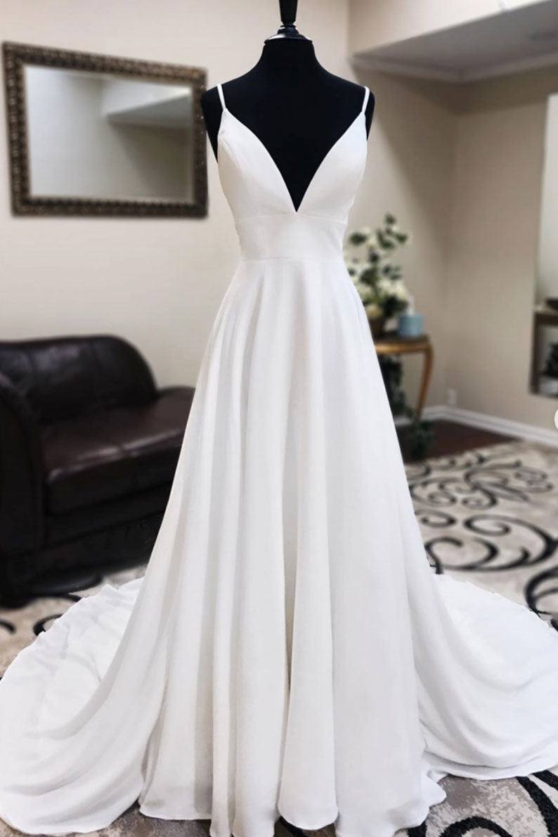 White v neck chiffon long prom dress, white lace evening dress - RongMoon