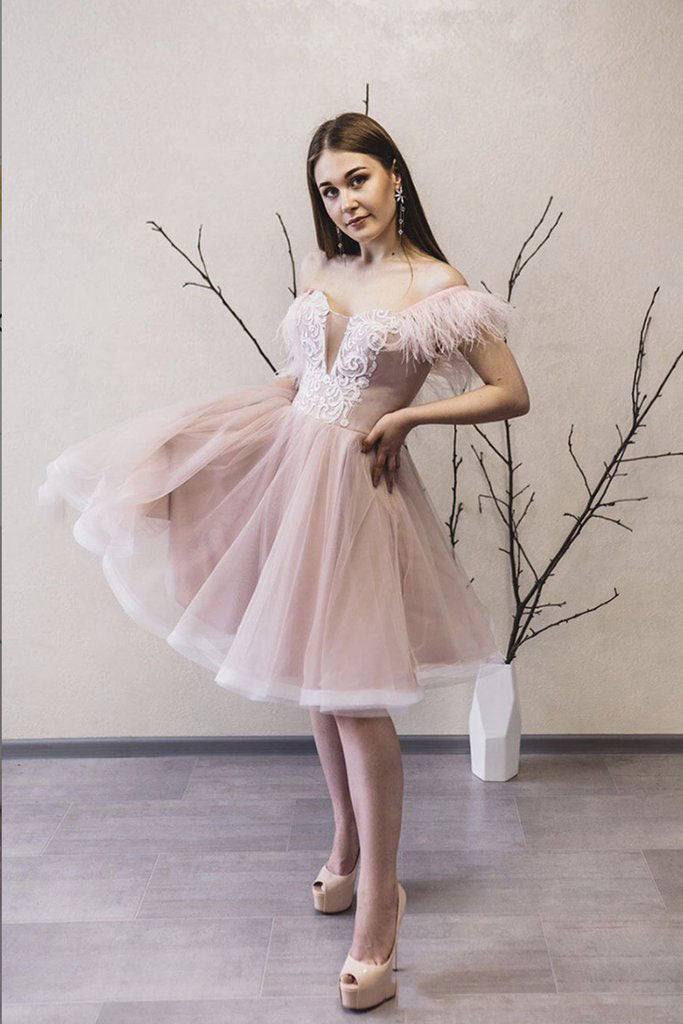 Pink sweetheart tulle lace short prom dress pink lace formal dress - RongMoon