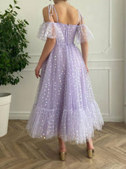 Purple tulle tea length prom dress, purple evening dress - RongMoon