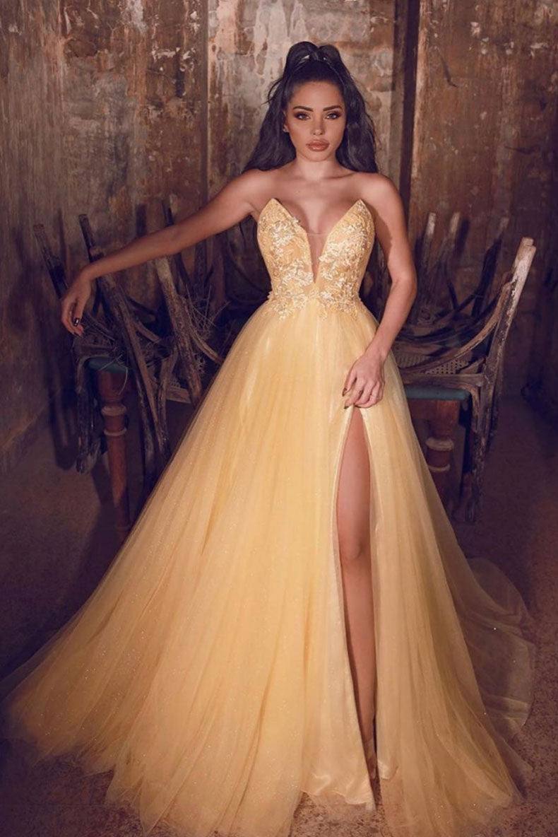 Yellow sweetheart tulle lace long prom dress, lace formal dress - RongMoon