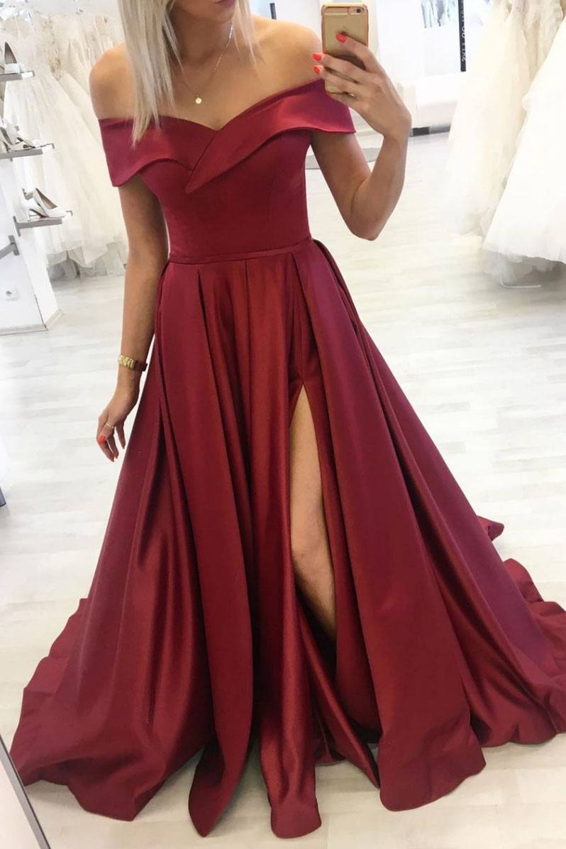 Simple burgundy off shoulder long prom dress burgundy evening dress - RongMoon