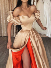 Unique champagne sweetheart satin long prom dress, champagne evening dress - RongMoon