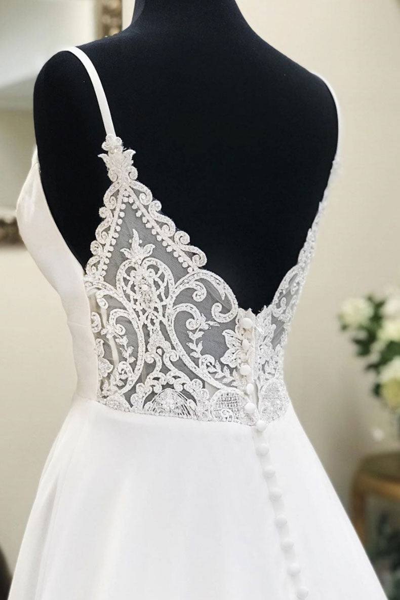 White v neck chiffon long prom dress, white lace evening dress - RongMoon