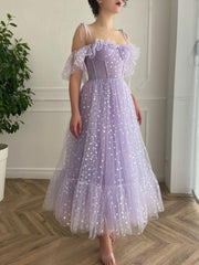 Purple tulle tea length prom dress, purple evening dress - RongMoon
