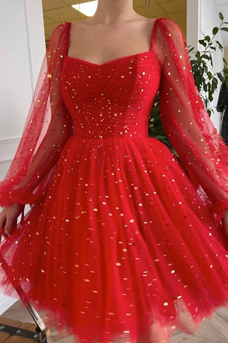 Red tulle short prom dress red tulle cocktail dress - RongMoon