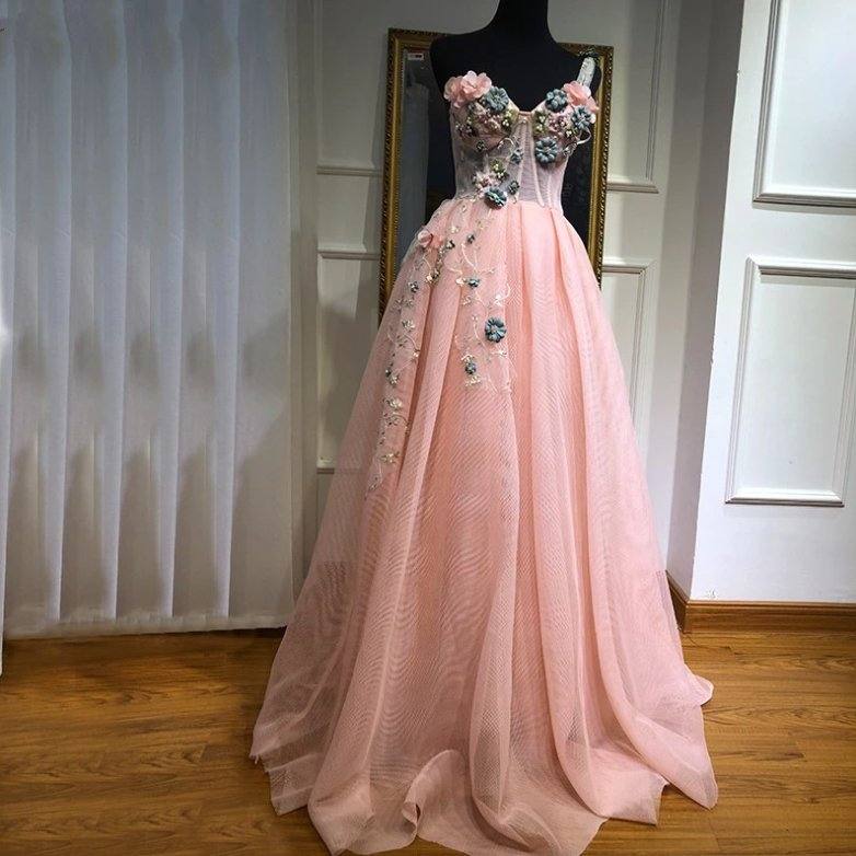 Pink Muslim Evening Dresses A-line One-shoulder Tulle Pearls Long Islamic Dubai Saudi Arabic Long Formal Evening Gown - RongMoon