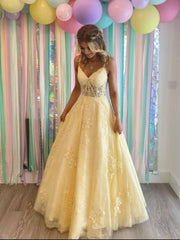 Yellow v neck tulle lace long prom dress, yellow formal dress - RongMoon