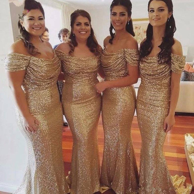 Sparkle Bridesmaid Dresses For Women Mermaid Off The Shoulder Sequins Long Cheap Under 50 Wedding Party Dresses - RongMoon