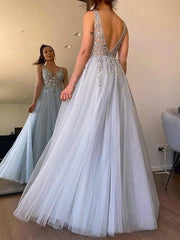 A-Line Minimalist Elegant Party Wear Formal Evening Dress V Neck Sleeveless Floor Length Tulle with Pleats Appliques - RongMoon