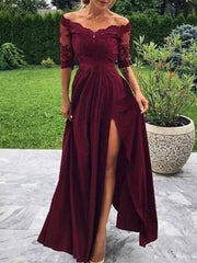 A-Line Minimalist Sexy Wedding Guest Formal Evening Dress Off Shoulder Half Sleeve Floor Length Charmeuse with Pleats Split Appliques - RongMoon