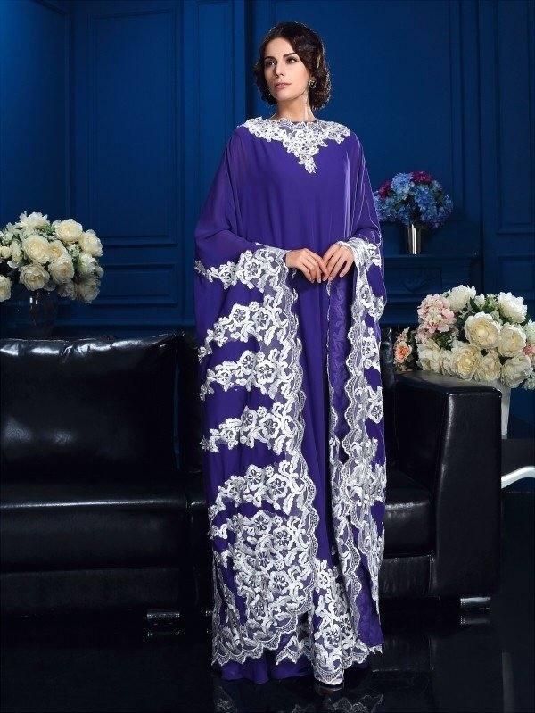 A-Line/Princess Scoop Applique Long Sleeves Long Chiffon Mother of the Bride Dresses - RongMoon
