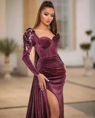 Slit Evening Dresses Mermaid Sweetheart Long Sleeves Velvet Long Turkey Dubai Saudi Arabic Evening Gown Prom Dresses - RongMoon