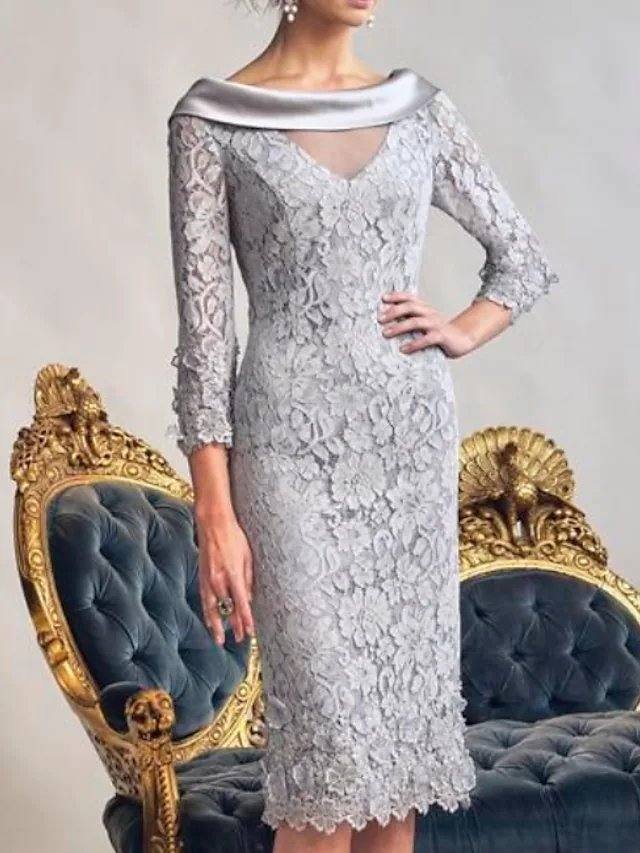 Sheath / Column Mother of the Bride Dress Elegant Bateau Neck Knee Length Lace Polyester Long Sleeve with Appliques - RongMoon