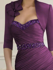 Sheath / Column Mother of the Bride Dress Sexy Sweetheart Neckline Knee Length Polyester Half Sleeve with Bow(s) Sequin Ruching - RongMoon