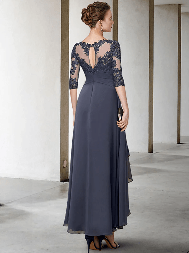 A-Line Mother of the Bride Dress Plus Size Elegant High Low Jewel Neck Asymmetrical Tea Length Chiffon Lace - RongMoon