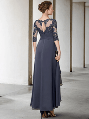 A-Line Mother of the Bride Dress Plus Size Elegant High Low Jewel Neck Asymmetrical Tea Length Chiffon Lace - RongMoon
