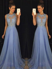 A-Line/Princess Sleeveless Applique Chiffon Scoop Sweep/Brush Train Dresses - RongMoon