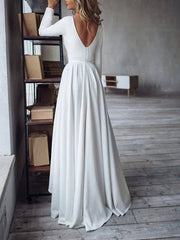A-Line Minimalist Elegant Engagement Formal Evening Dress Jewel Neck Long Sleeve Floor Length Italy Satin with Pleats - RongMoon