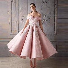 Pink Muslim Evening Dresses Ball Gown Off The Shoulder Appliques Lace Islamic Dubai Saudi Arabic Long Formal Evening Gown - RongMoon