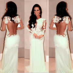 Yellow Lace Appliques See Through Long Sleeves Mermaid Evening Dress Prom Gowns
