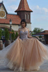 Champagne sweetheart tulle sequin beads long prom dress, formal dress - RongMoon