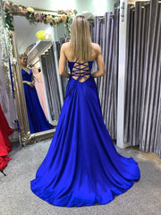 Simple A line blue long prom dress, backless blue evening dress - RongMoon