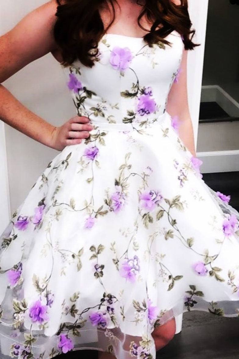 White tulle purple flower short prom dress cocktail dress - RongMoon