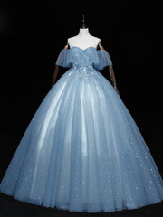 Blue sweetheart neck tulle lace long prom dress, blue evening dress - RongMoon