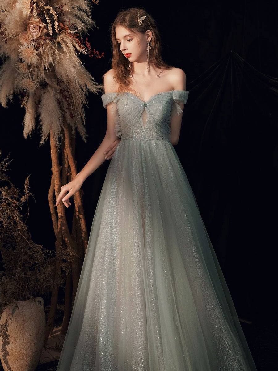 Gray  tulle off shoulder long prom dress, gray tulle formal dress - RongMoon