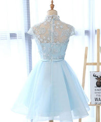 Blue tulle lace short prom dress, blue tulle lace homecoming dress - RongMoon