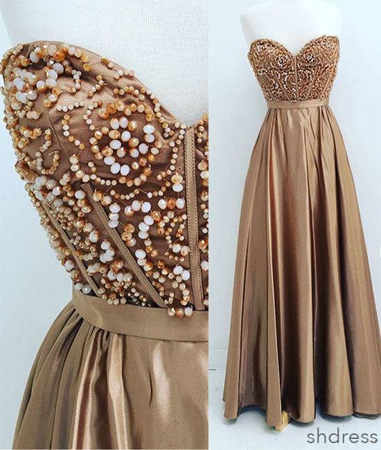 Gold sweetheart neck beaded long prom dress, evening dress - RongMoon