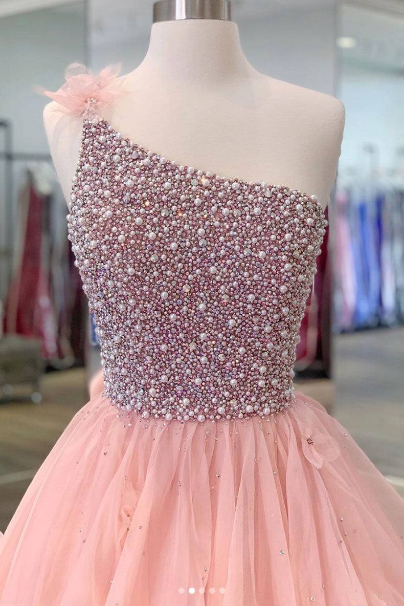 Pink one shoulder beads long prom dress pink evening dress - RongMoon