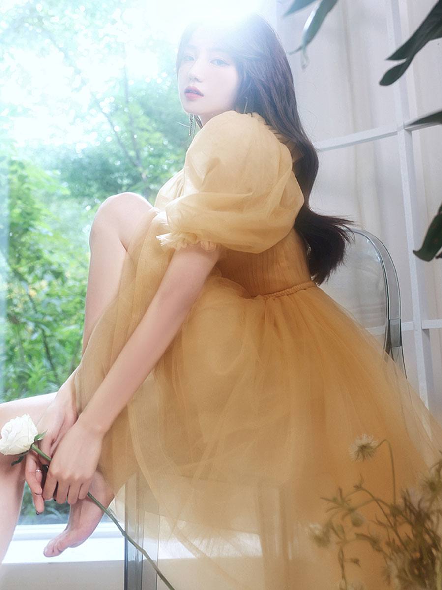 Yellow tulle short prom dress, yellow homecoming dress - RongMoon