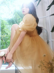 Yellow tulle short prom dress, yellow homecoming dress - RongMoon
