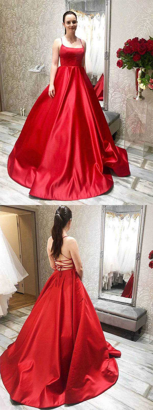 Simple red satin long prom dress red backless evening dress - RongMoon