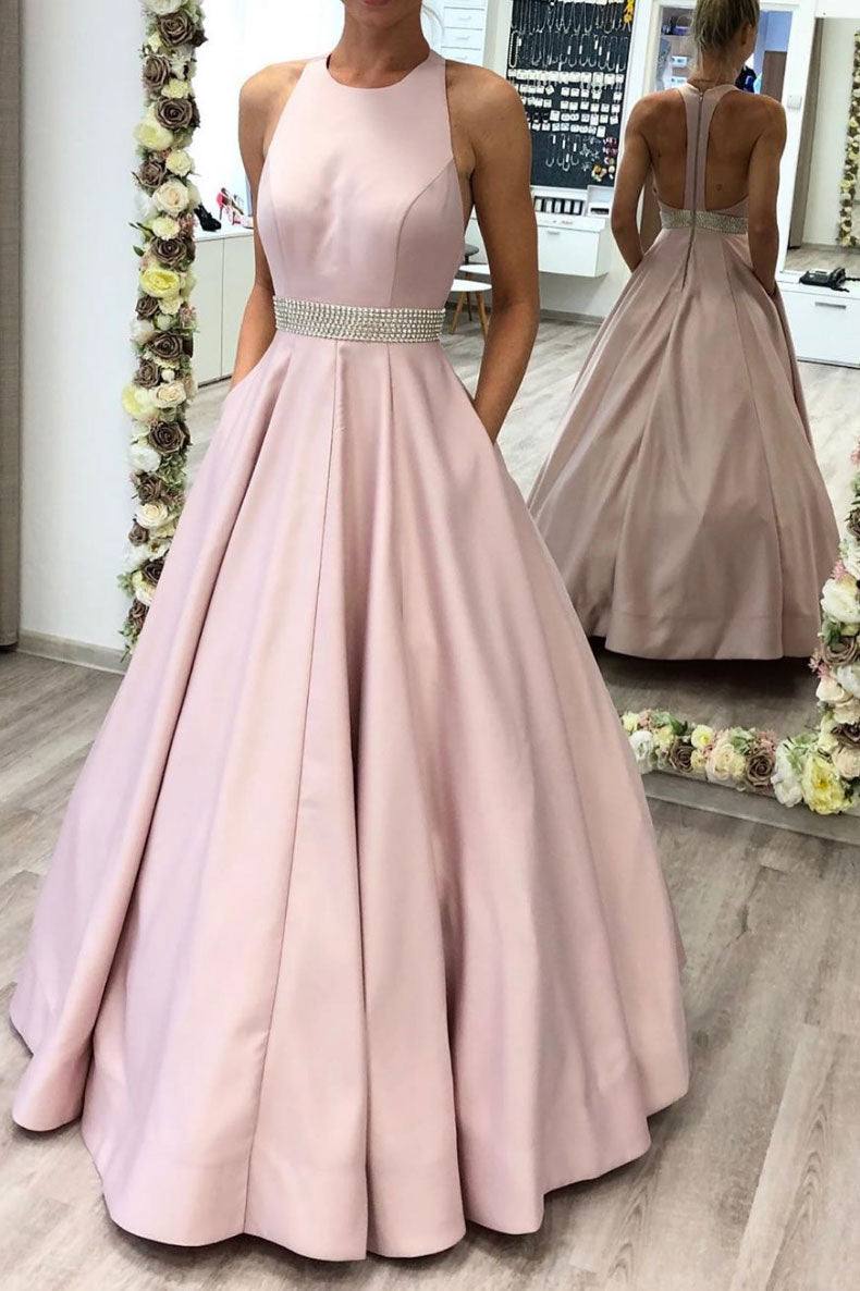 Pink high neck satin long prom dress pink evening dress - RongMoon