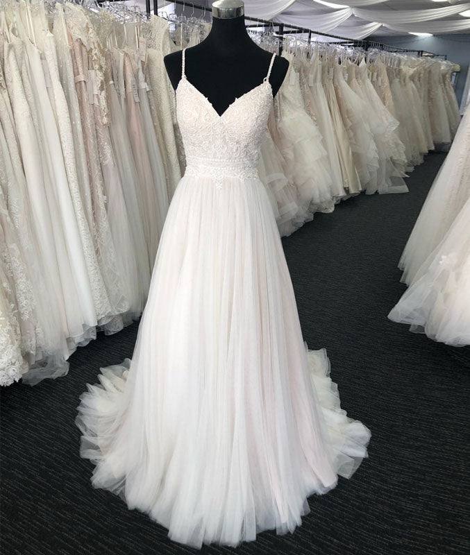 Light champagne tulle long prom dress, champagne tulle evening dress - RongMoon