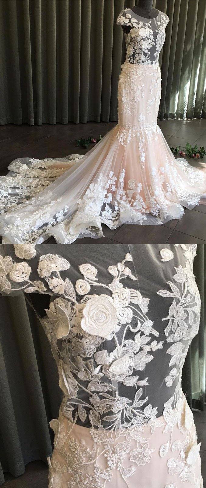 Unique round neck tulle lace long prom dress, lace evening dress - RongMoon