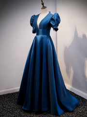 Blue v neck satin long prom dress blue satin evening dress - RongMoon