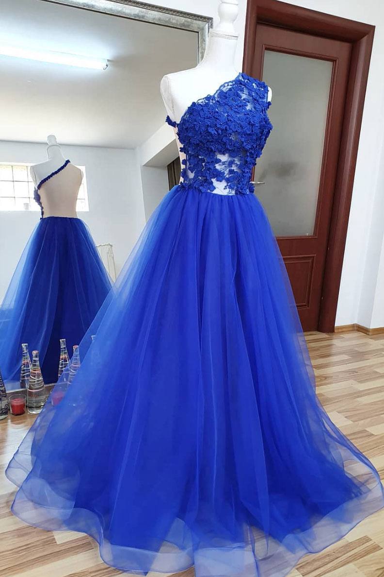 Blue tulle lace long prom dress blue tulle formal dress - RongMoon
