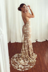Champagne lace mermaid long prom dress, champagne long evening dress - RongMoon