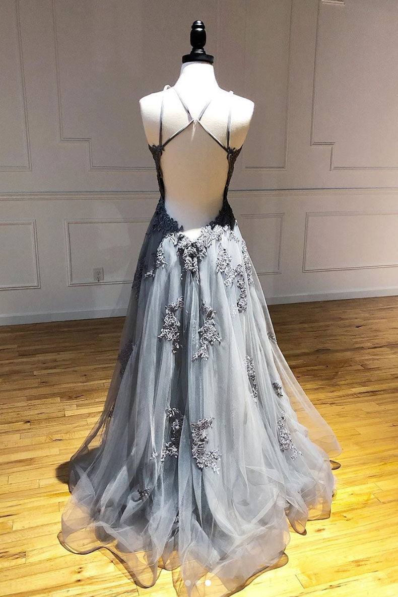 Gray tulle lace long prom dress gray tulle lace formal dress - RongMoon