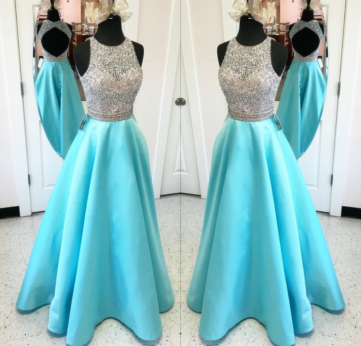 Unique Keyhole Back Long Satin Prom Dresses Ball Gowns Sequins And Beaded