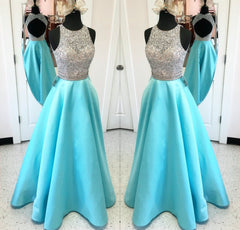 Unique Keyhole Back Long Satin Prom Dresses Ball Gowns Sequins And Beaded