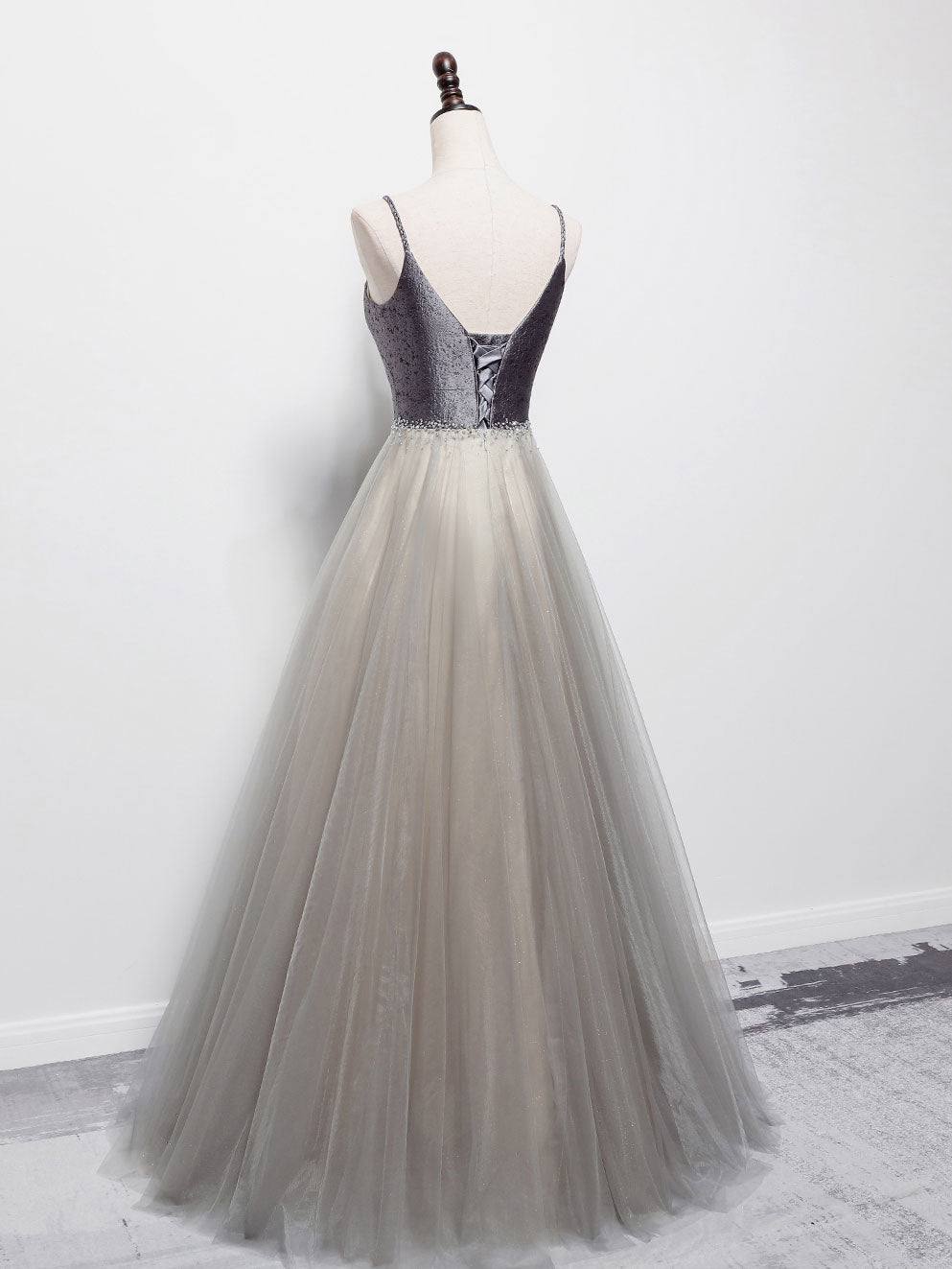 Simple gray v neck tulle long prom dress, gray tulle formal dress - RongMoon