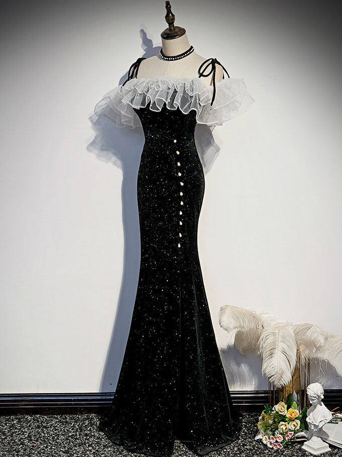 Black mermaid long prom dress, black evening dress - RongMoon