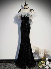 Black mermaid long prom dress, black evening dress - RongMoon
